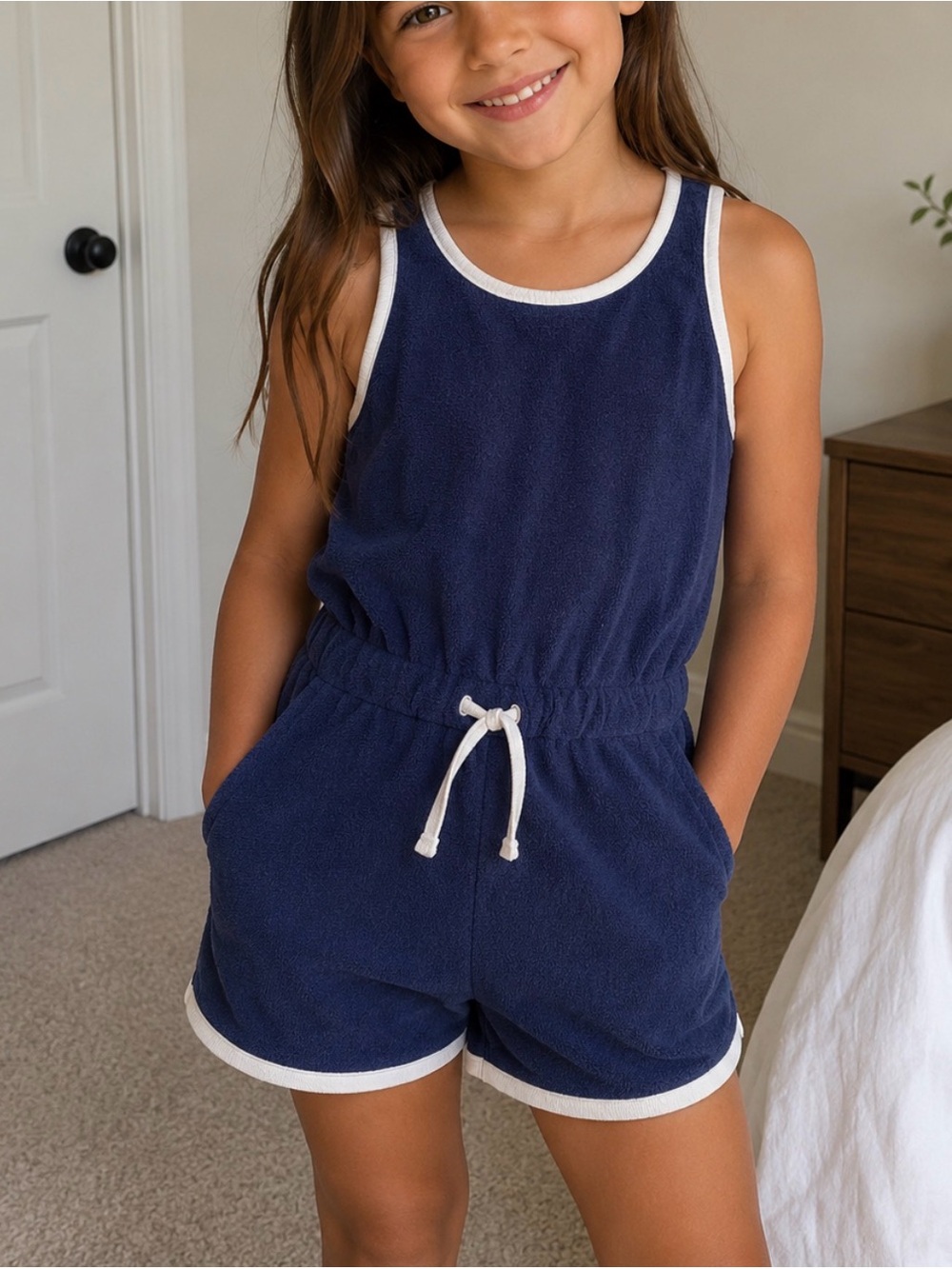 Carter's Navy Terry Sleeveless Romper with White Trim